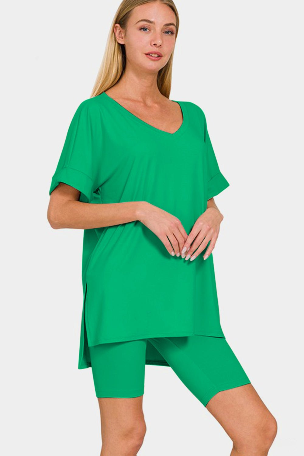 Short Sleeve T-Shirt and Biker Shorts Set in GreenShorts SetZenana