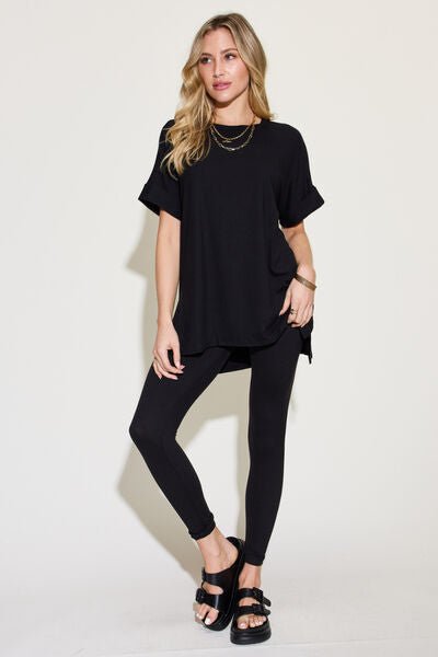 Plus Size Short Sleeve Tunic T-Shirt and Leggings Lounge Set in BlackLoungewear SetZenana