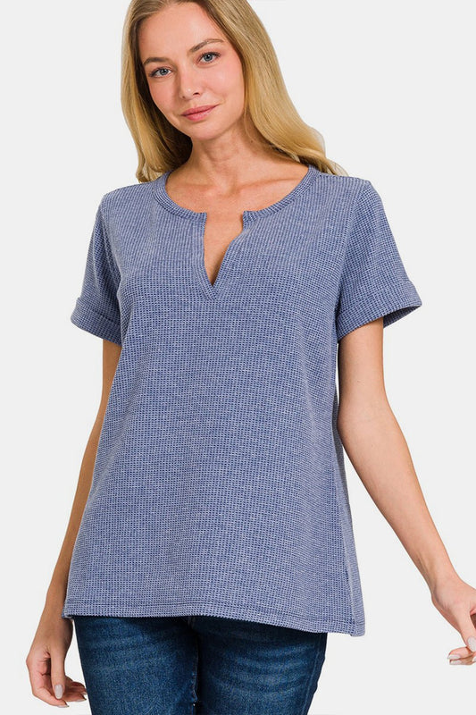 Short Sleeve Waffle Knit T-Shirt in DenimT-ShirtZenana