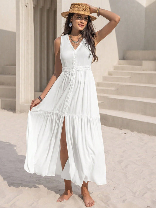 Side Slit V-Neck Sleeveless Maxi Dress in WhiteMaxi DressBeach Rose Co.
