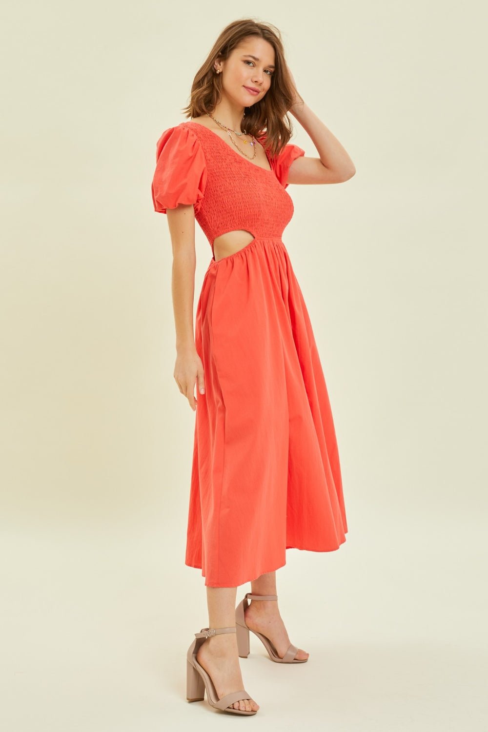 Smocked Cutout Midi Dress in Cherry RedMidi DressHEYSON