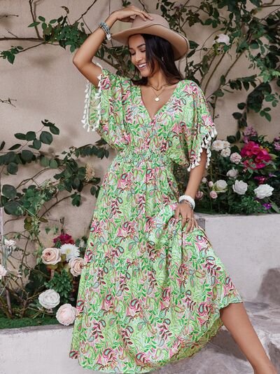 Smocked Floral V-Neck Short Sleeve Maxi Dress in Gum LeafMaxi DressBeach Rose Co.