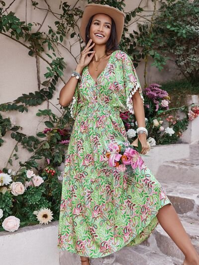 Smocked Floral V-Neck Short Sleeve Maxi Dress in Gum LeafMaxi DressBeach Rose Co.