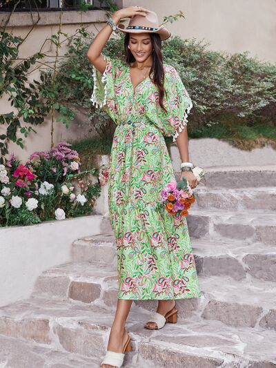 Smocked Floral V-Neck Short Sleeve Maxi Dress in Gum LeafMaxi DressBeach Rose Co.