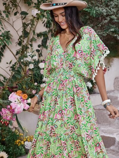 Smocked Floral V-Neck Short Sleeve Maxi Dress in Gum LeafMaxi DressBeach Rose Co.