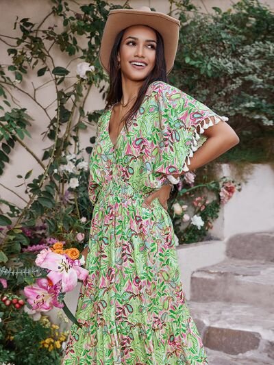 Smocked Floral V-Neck Short Sleeve Maxi Dress in Gum LeafMaxi DressBeach Rose Co.