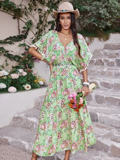 Smocked Floral V-Neck Short Sleeve Maxi Dress in Gum LeafMaxi DressBeach Rose Co.