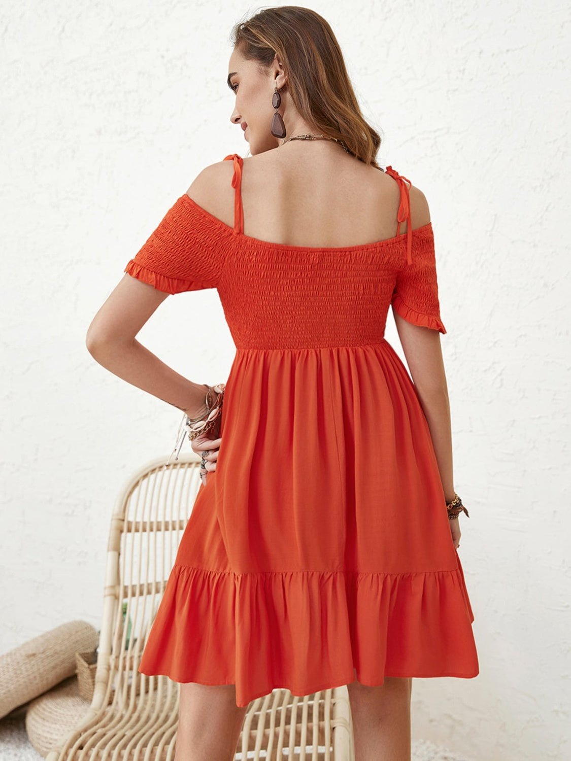 Smocked Spaghetti Strap Short Sleeve Mini Dress in OrangeMini DressBeach Rose Co.