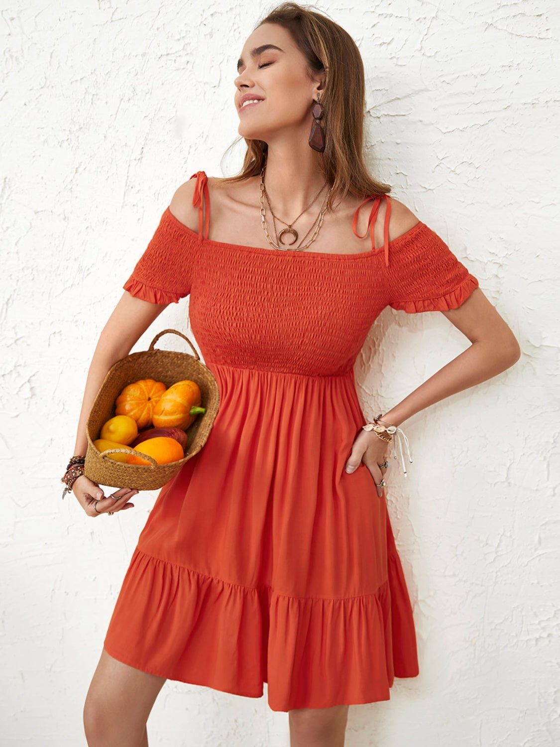 Smocked Spaghetti Strap Short Sleeve Mini Dress in OrangeMini DressBeach Rose Co.