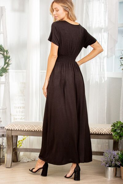 Smocked Waist Surplice Short Sleeve Maxi Dress in BlackMaxi DressHeimish