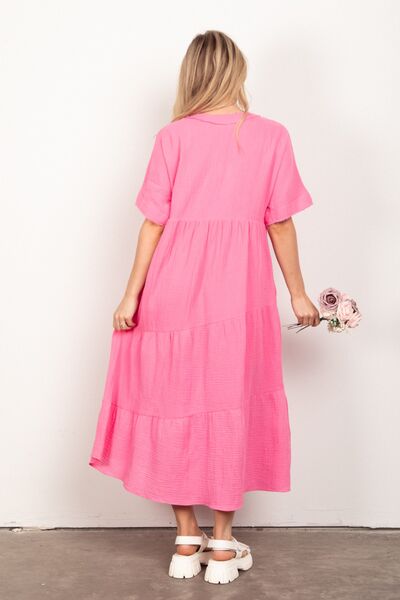 Soft Cotton Gauze Short Sleeve Midi Dress in PinkMidi DressVery J