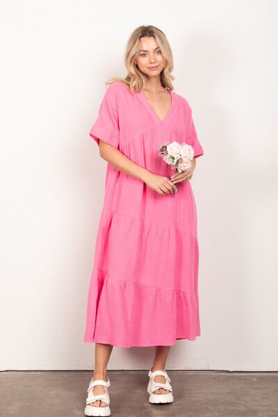 Soft Cotton Gauze Short Sleeve Midi Dress in PinkMidi DressVery J