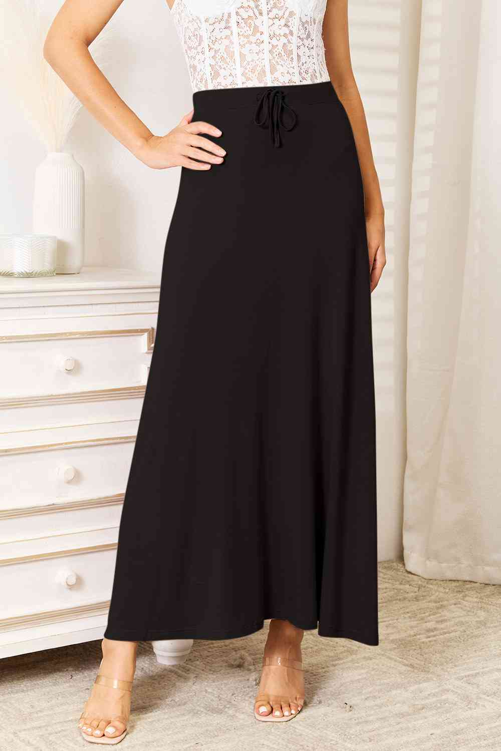 Soft Rayon Drawstring Waist Maxi SkirtMaxi SkirtDouble Take