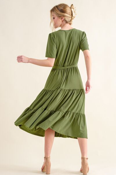 Soft Short Sleeve Tiered Midi Dress in GreenMidi DressAnd the Why