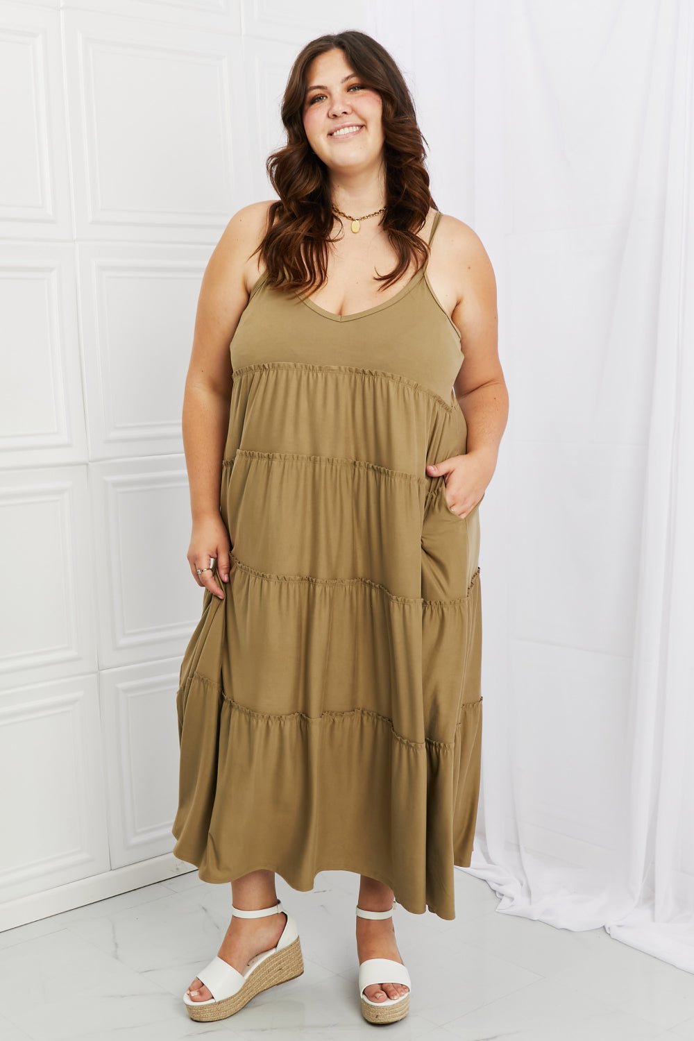 Spaghetti Strap Tiered Maxi Dress with Pockets in KhakiMaxi DressZenana