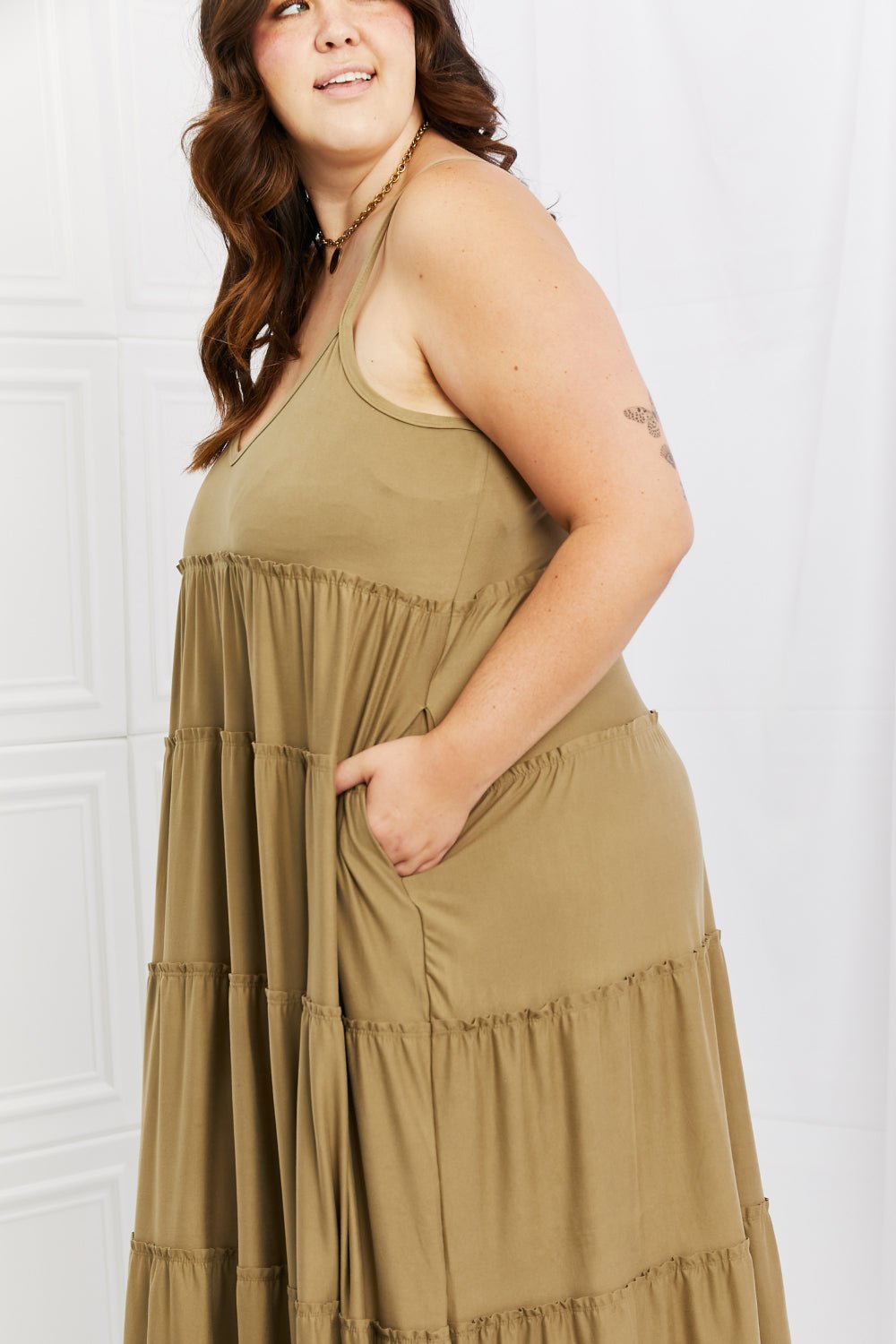 Spaghetti Strap Tiered Maxi Dress with Pockets in KhakiMaxi DressZenana