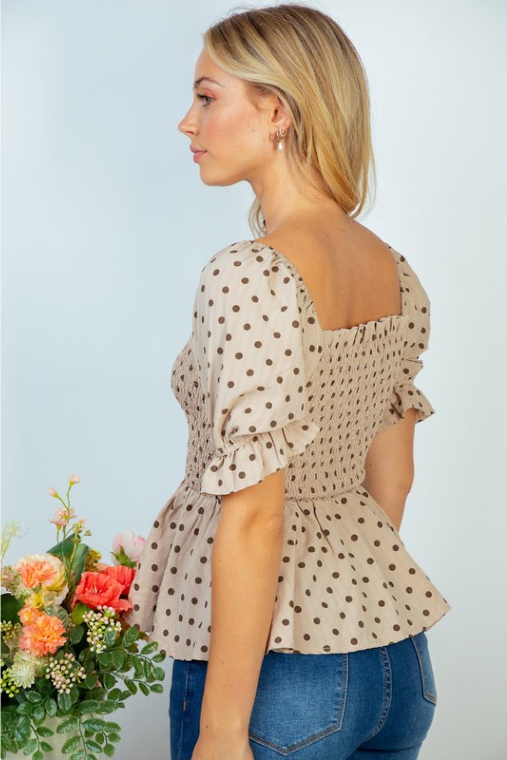 Polka Dot Puff Sleeve Babydoll Top in MochaTopWhite Birch