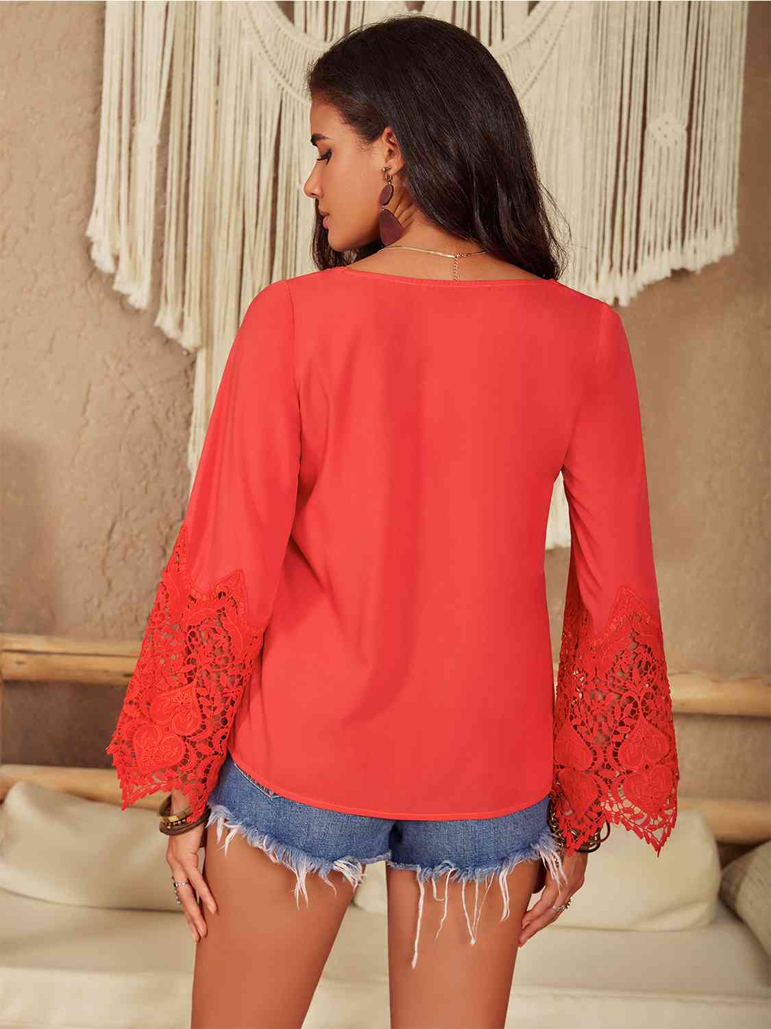 Square Neck Lace Detail Long Sleeve Blouse in Red OrangeBlouseBeach Rose Co.