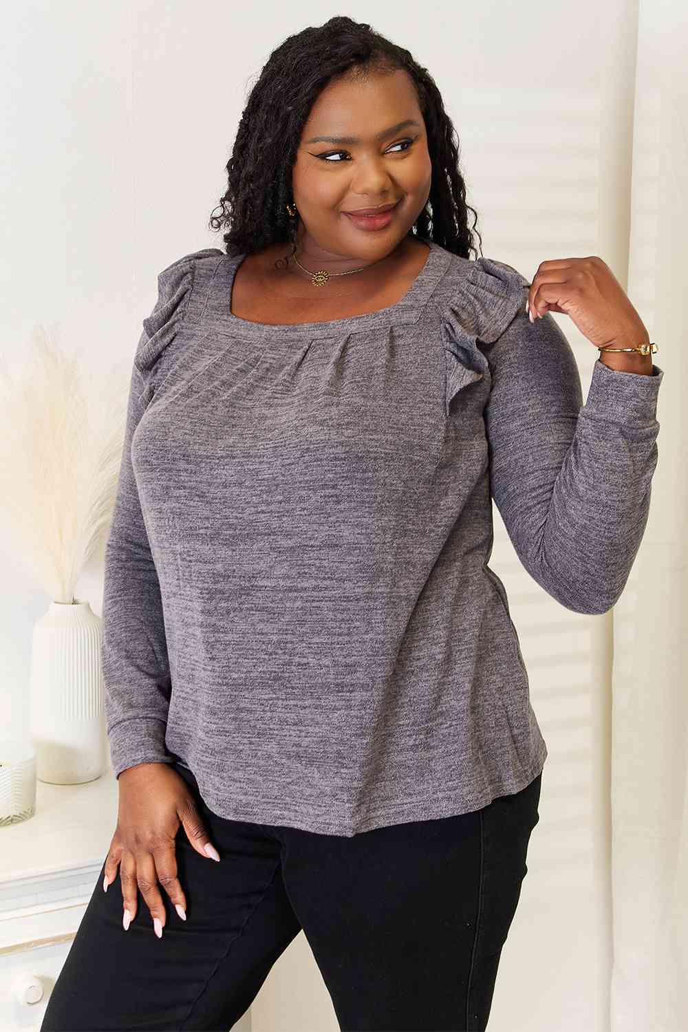 Square Neck Ruffle Shoulder Long Sleeve T-ShirtTeeDouble Take