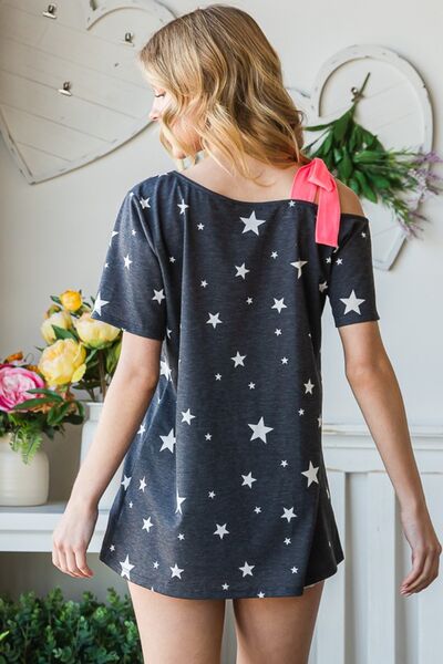 Star Print Asymmetrical Neck Short Sleeve Top in CharcoalTopHeimish