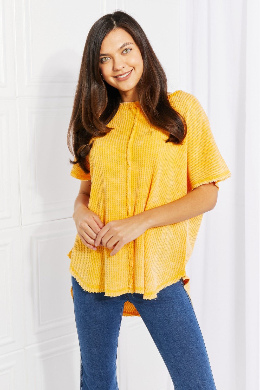Washed Cotton Waffle Knit Top in Yellow GoldTopZenana