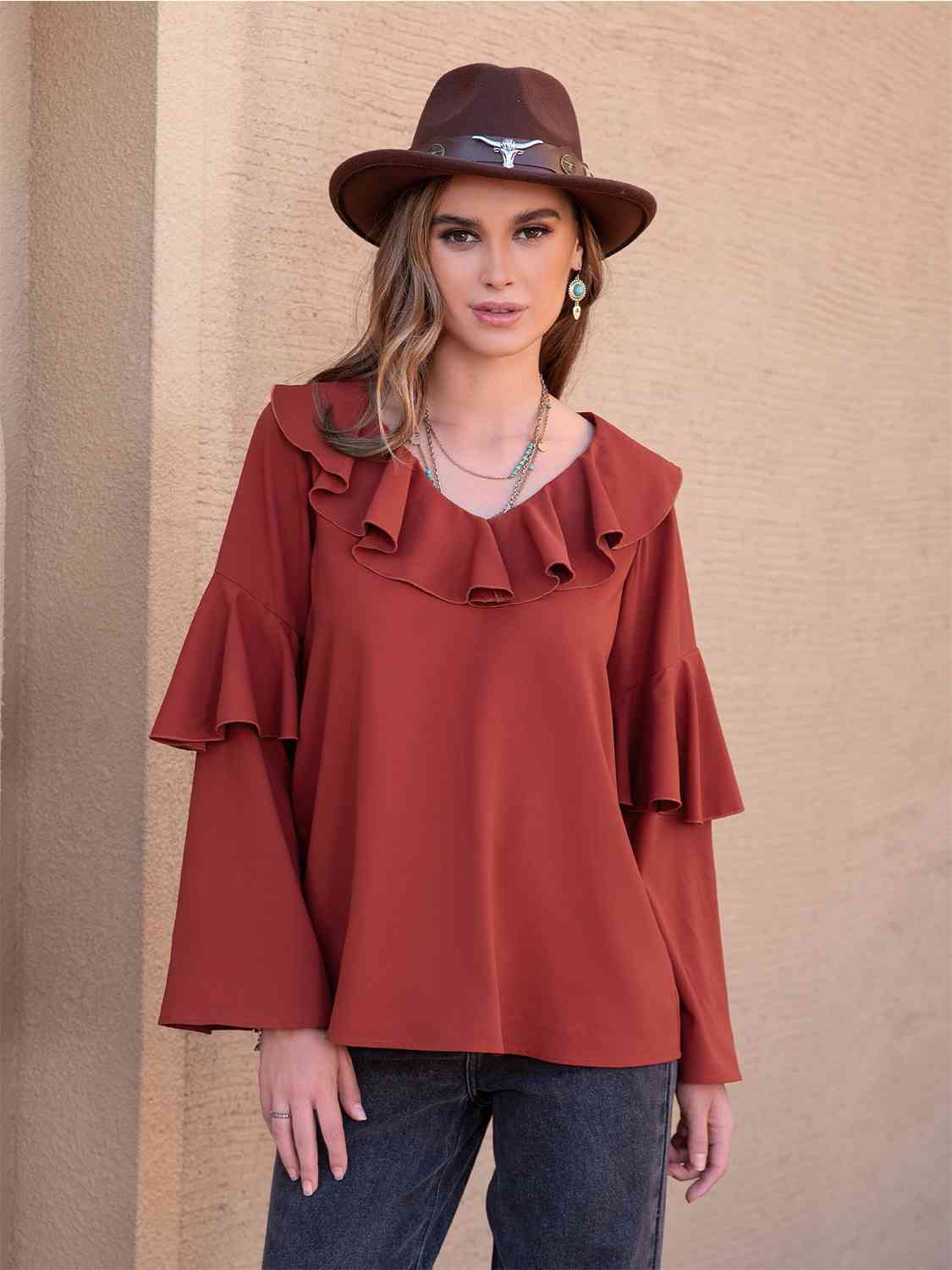 Statement Collar Long Sleeve Blouse in Brick RedBlouseBeach Rose Co.