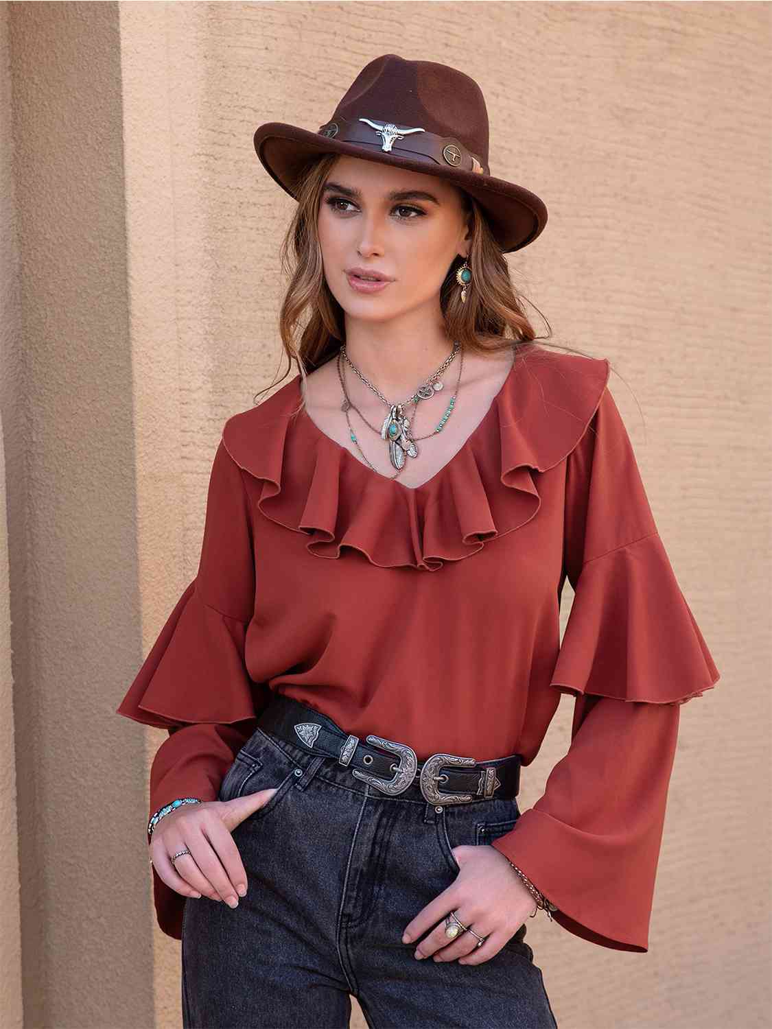 Statement Collar Long Sleeve Blouse in Brick RedBlouseBeach Rose Co.