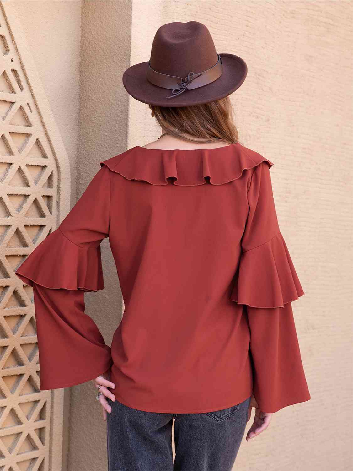 Statement Collar Long Sleeve Blouse in Brick RedBlouseBeach Rose Co.