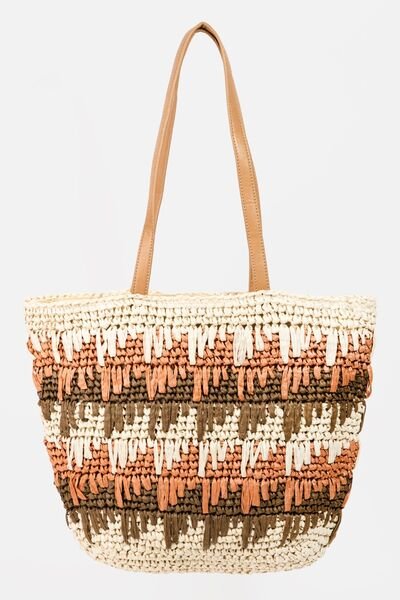 Straw Braided Striped Tote Bag in IvoryTote BagFame