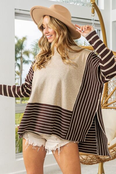 Striped Contrast Long Sleeve Side Slit Top in Oatmeal/MochaTopBiBi