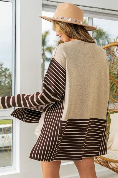 Striped Contrast Long Sleeve Side Slit Top in Oatmeal/MochaTopBiBi