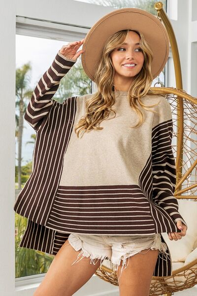 Striped Contrast Long Sleeve Side Slit Top in Oatmeal/MochaTopBiBi