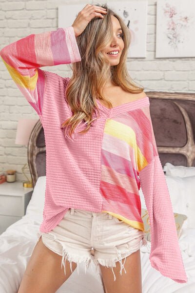 Striped Contrast Waffle Long Sleeve Top in PinkTopBiBi