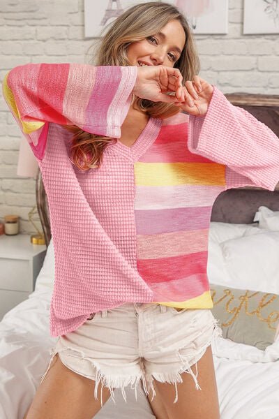 Striped Contrast Waffle Long Sleeve Top in PinkTopBiBi