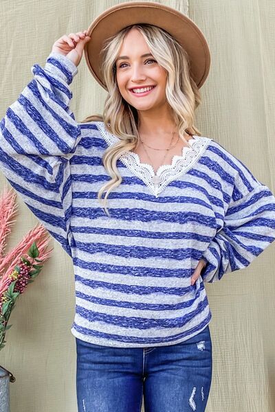 Striped Lace Detail V Neck Top in BlueTopAnd the Why