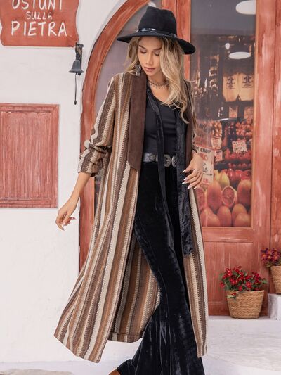 Striped Open Front Long Sleeve Maxi Cardigan in TaupeCardiganBeach Rose Co.
