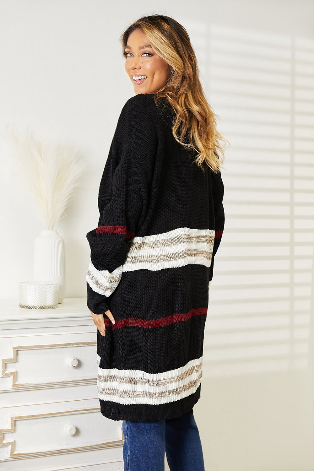 Striped Rib-Knit Drop Shoulder Open Front CardiganCardiganDouble Take