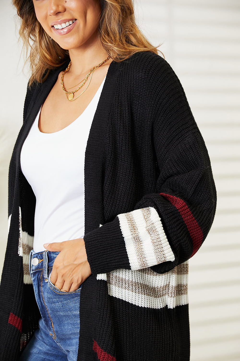 Striped Rib-Knit Drop Shoulder Open Front CardiganCardiganDouble Take