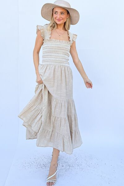 Striped Ruffle Cap Sleeve Midi Dress in NaturalMidi DressAnd the Why