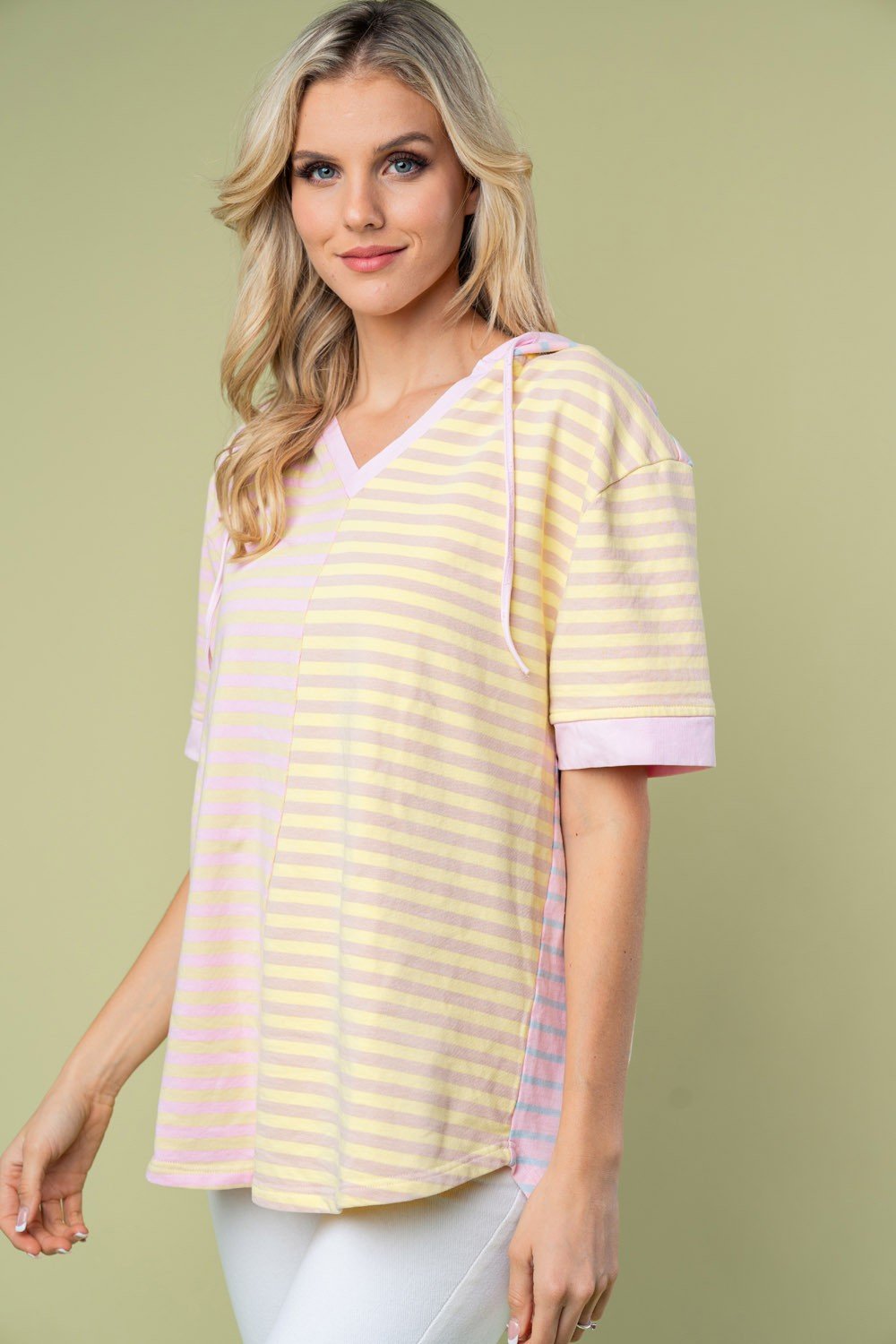 Striped Short Sleeve Hooded Top in PinkTopWhite Birch