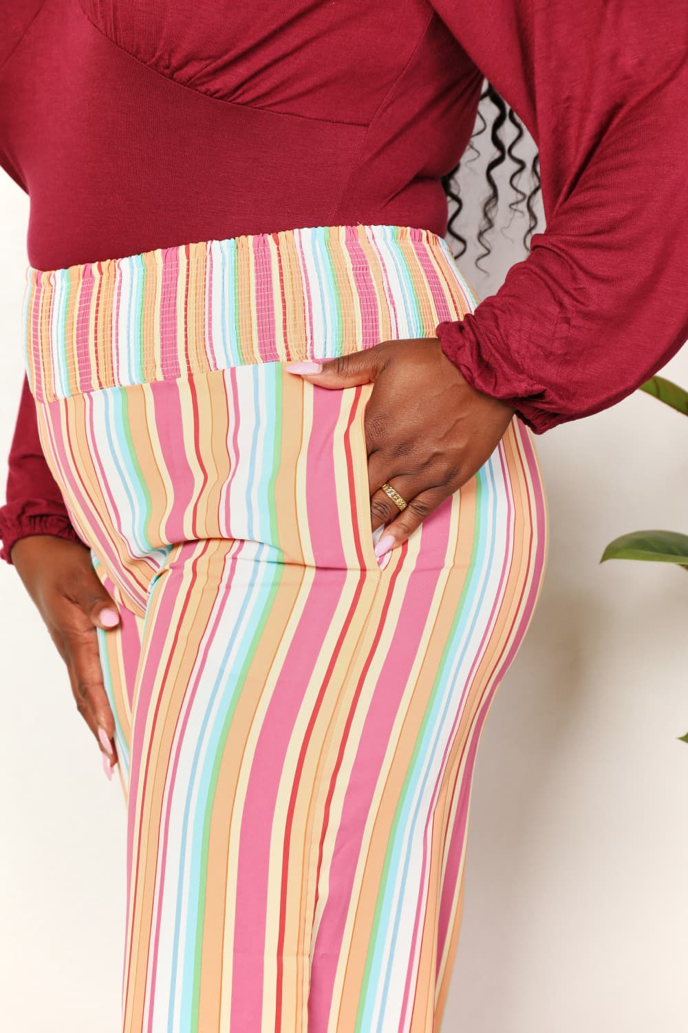 Striped Smocked Waist Pants with PocketsPantsDouble Take