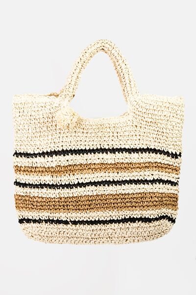 Striped Straw Braided Tote Bag in IvoryTote BagFame