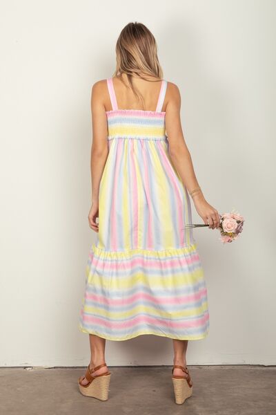 Striped Woven Smocked Midi Cami Dress in Pink ComboMidi DressVery J