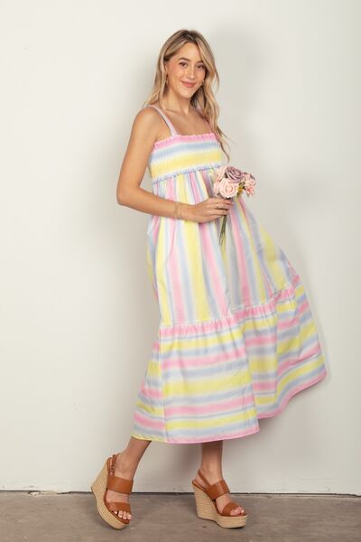 Striped Woven Smocked Midi Cami Dress in Pink ComboMidi DressVery J