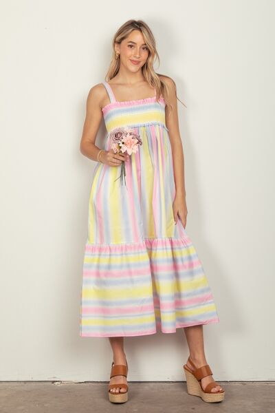 Striped Woven Smocked Midi Cami Dress in Pink ComboMidi DressVery J