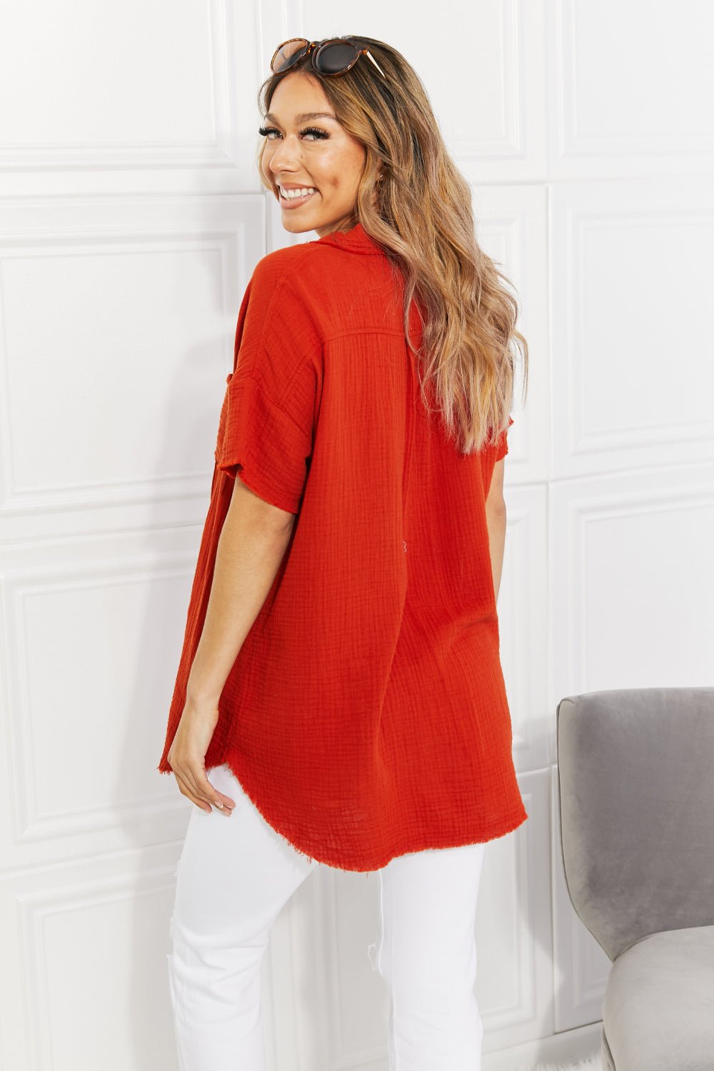 Cotton Gauze Short Sleeve Shirt in Red OrangeShirtZenana