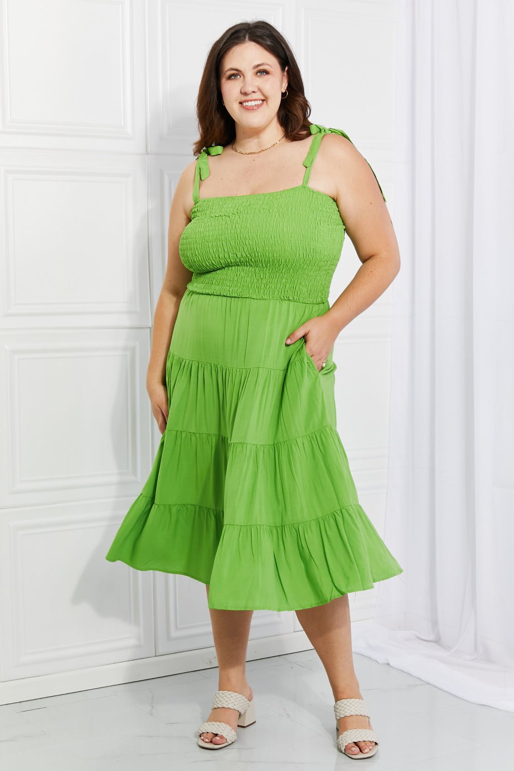 Smocked Tiered Sleeveless Midi Dress in LimeMidi DressCulture Code