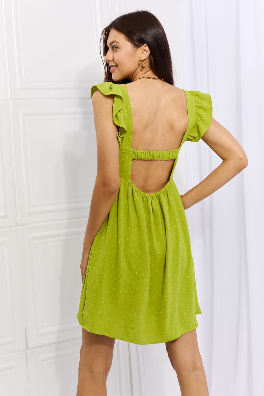 Empire Waist Ruffle Sleeve Mini Dress in LimeMini DressCulture Code