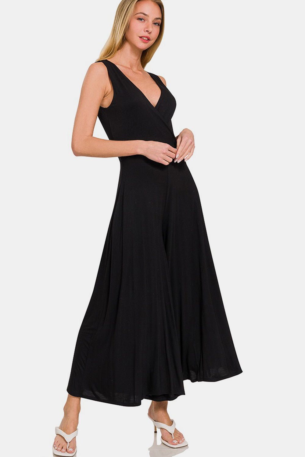 Surplice Neckline Sleeveless Jumpsuit in BlackJumpsuitZenana