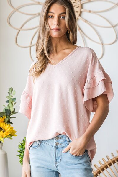 Swiss Dot Ruffle Short Sleeve Top in PeachTopHeimish